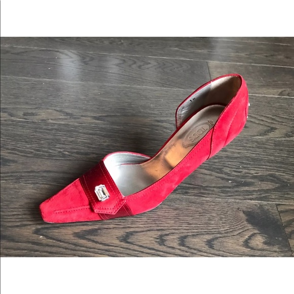 NEW TOD'S Swarovski women red suede  shoes heels pumps size 10 - Picture 4 of 6